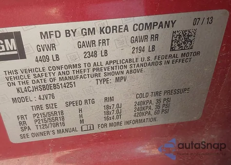 2014 Buick Encore Premium z USA, uszkodzony, nr VIN KL4CJHSB0EB514251